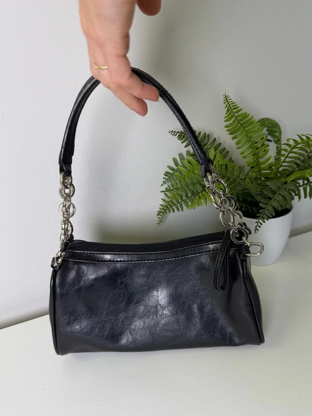 Black Faux Leather with Silver tone Chain-Accent Shoulder Bag